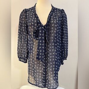 Xhilaration size m Navy Anchor Print button down Tie-Neck Blouse